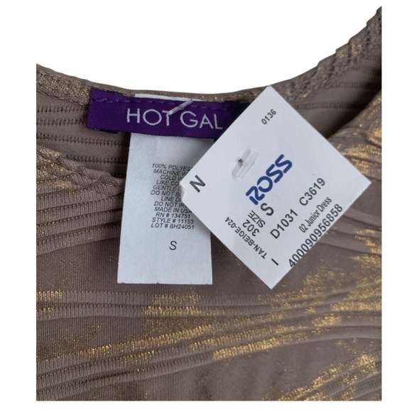 ❄️3/$15❄️ NWT Hot Gal Dress Sz Small Gold Tan Bronze Brown Bodycon Dress Sparkle - Picture 2 of 5